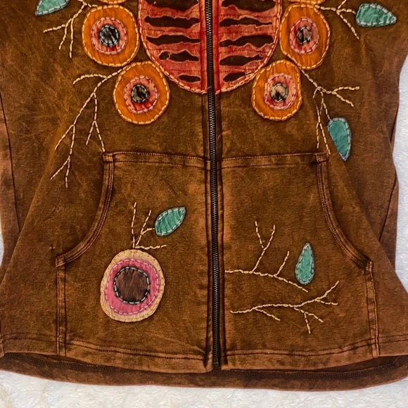 Rising International Brown Zip Up Hoodie with Colorful Tree Branch Embroidery - Picture 3 of 5